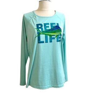 REEL LIFE Womens Blue Green Fish Graphic Long Sleeve Sun Protection Tee Size XL